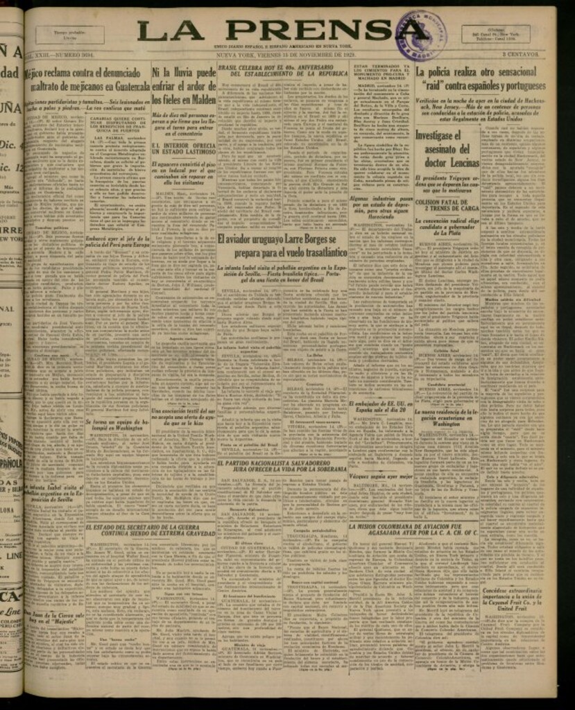 Miniatura de La Prensa: único diario español e hispano americano en Nueva York del 15 de noviembre de 1929, nº 3694