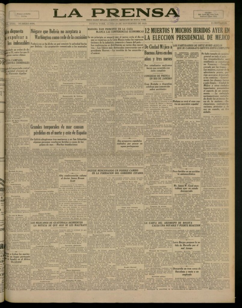 Miniatura de La Prensa: único diario español e hispano americano en Nueva York del 18 de noviembre de 1929, nº 3696