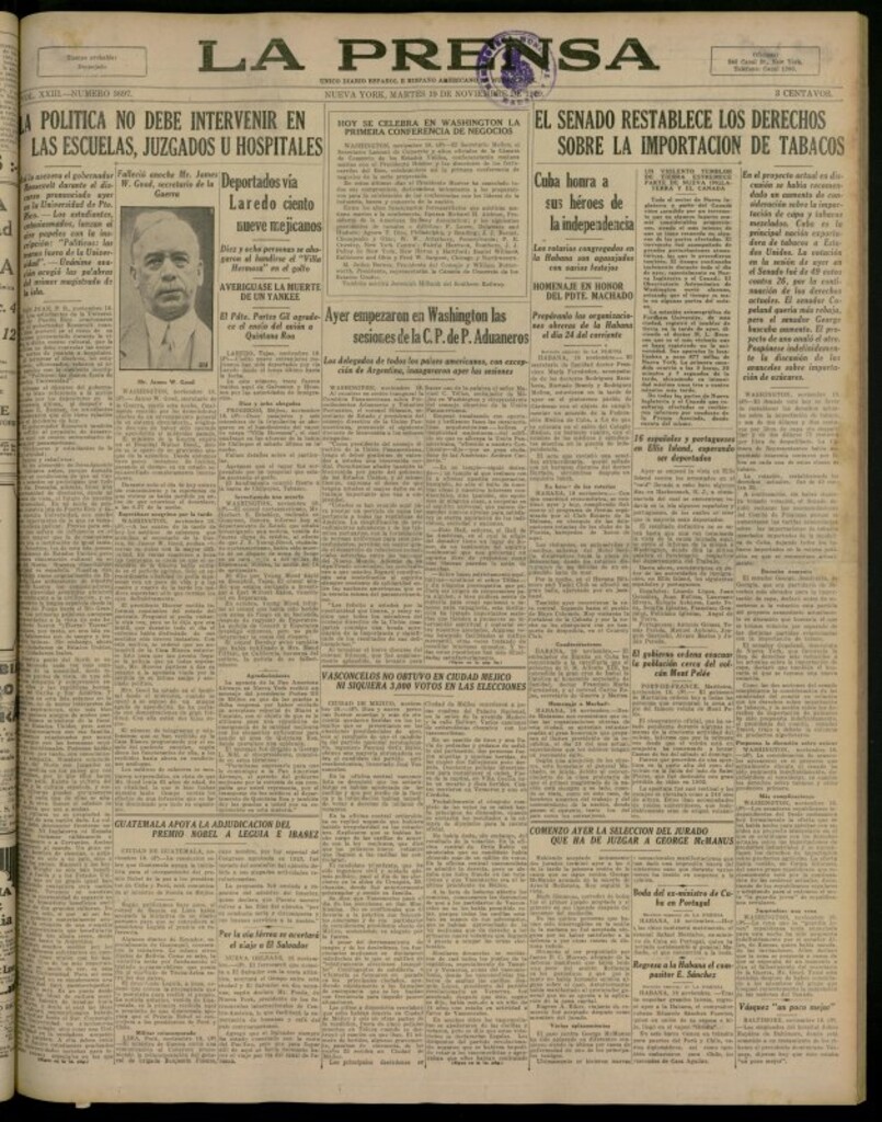 Miniatura de La Prensa: único diario español e hispano americano en Nueva York del 19 de noviembre de 1929, nº 3697