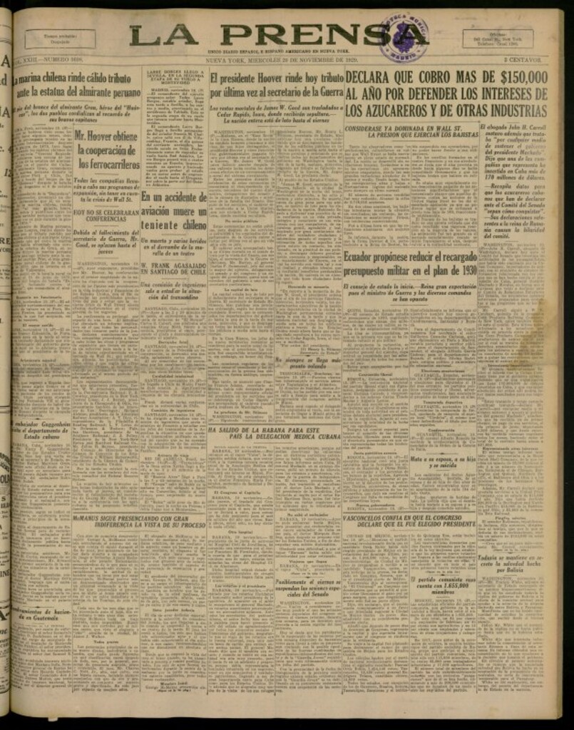 Miniatura de La Prensa: único diario español e hispano americano en Nueva York del 20 de noviembre de 1929, nº 3698