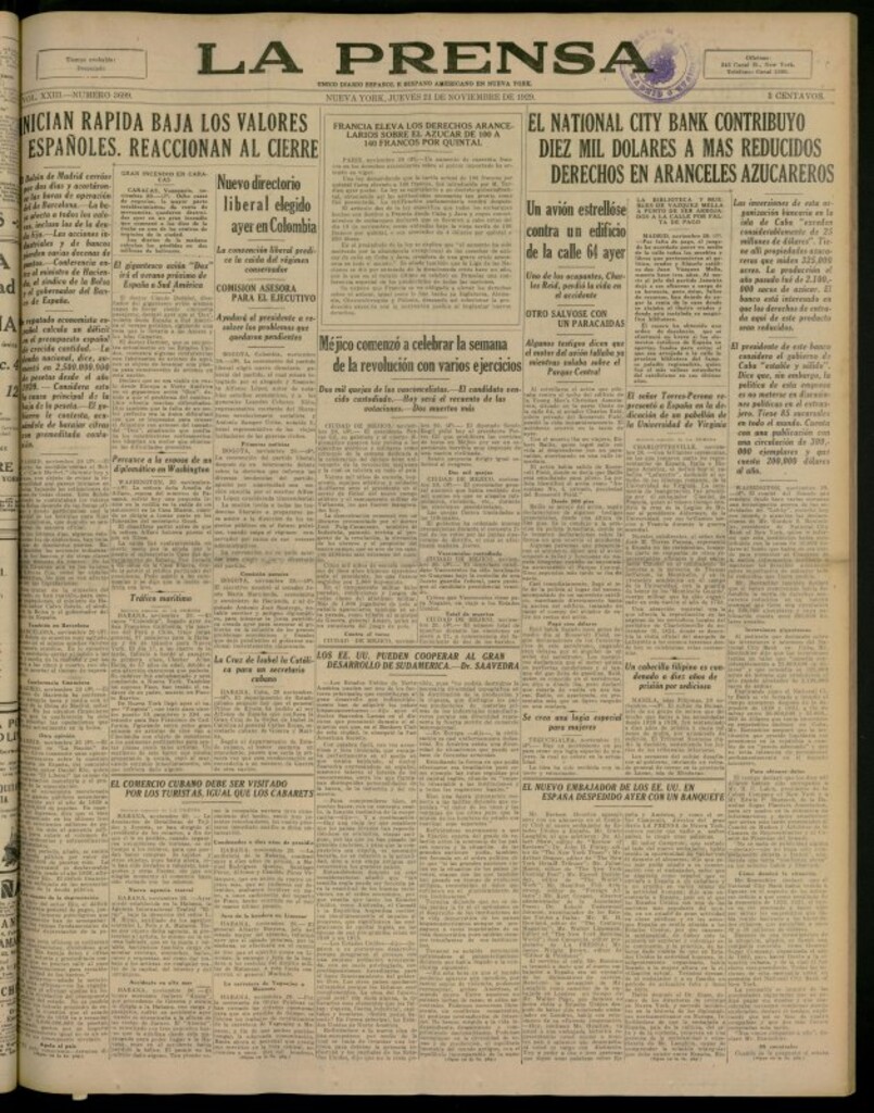 Miniatura de La Prensa: único diario español e hispano americano en Nueva York del 21 de noviembre de 1929, nº 3699