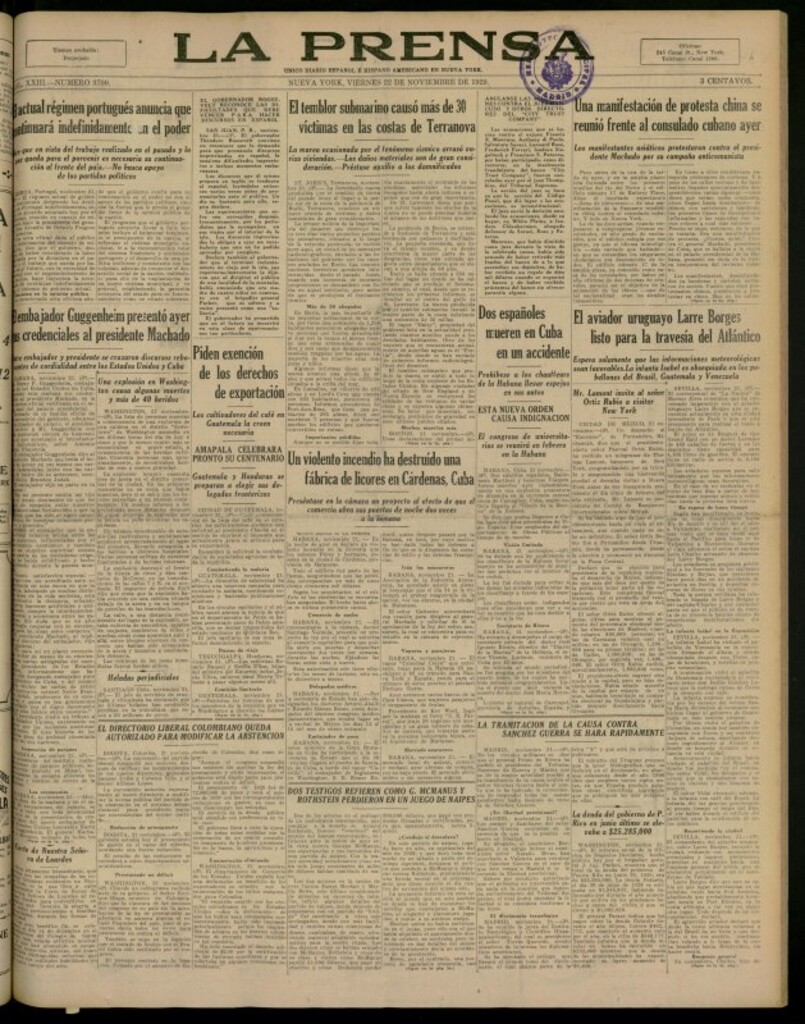 Miniatura de La Prensa: único diario español e hispano americano en Nueva York del 22 de noviembre de 1929, nº 3700