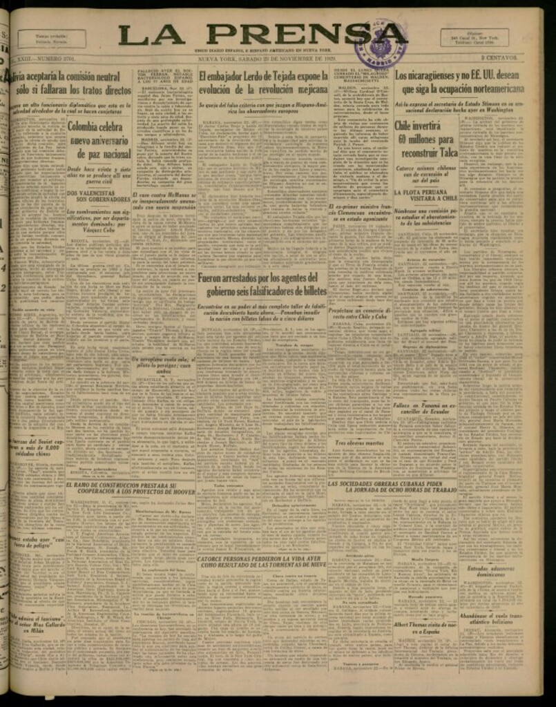 Miniatura de La Prensa: único diario español e hispano americano en Nueva York del 23 de noviembre de 1929, nº 3701