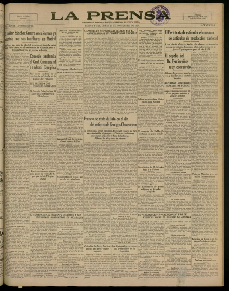 Miniatura de La Prensa: único diario español e hispano americano en Nueva York del 25 de noviembre de 1929, nº 3702