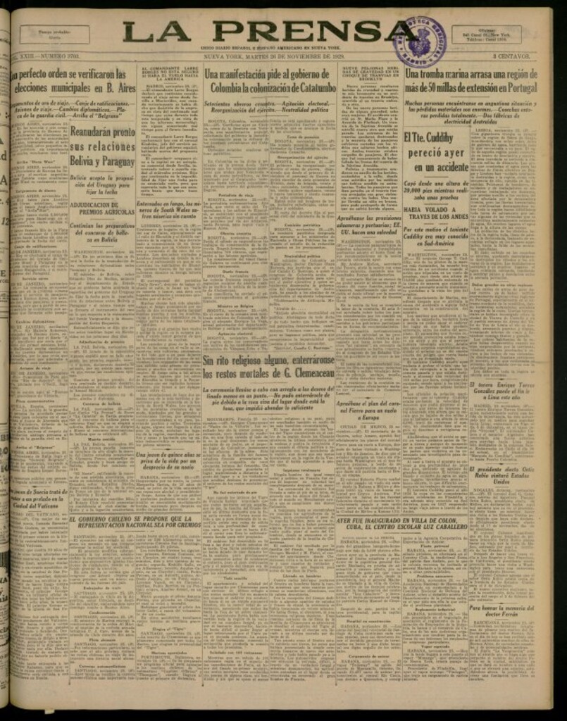 Miniatura de La Prensa: único diario español e hispano americano en Nueva York del 26 de noviembre de 1929, nº 3703