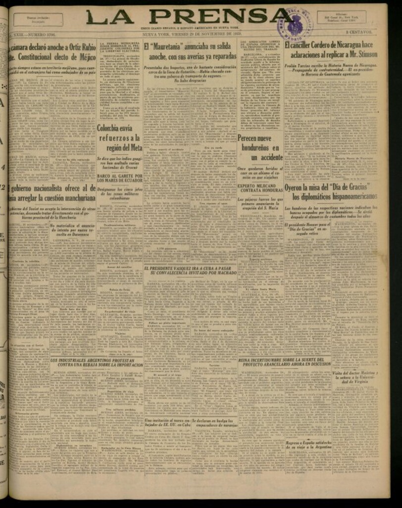 Miniatura de La Prensa: único diario español e hispano americano en Nueva York del 29 de noviembre de 1929, nº 3706