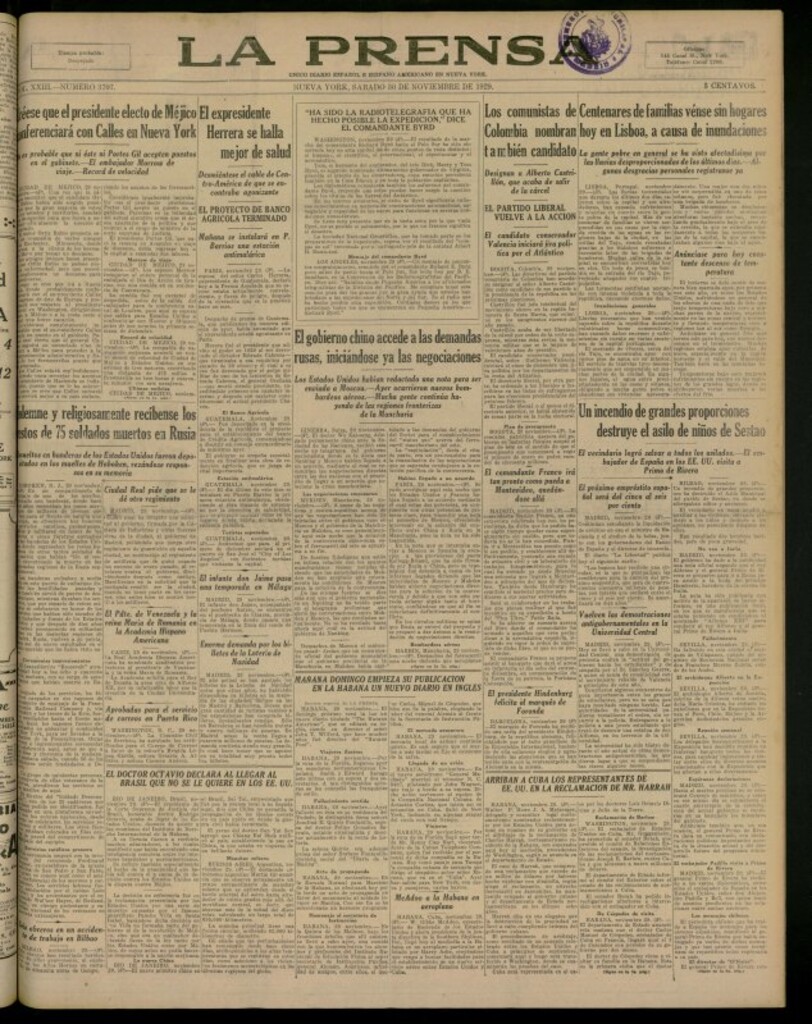 Miniatura de La Prensa: único diario español e hispano americano en Nueva York del 30 de noviembre de 1929, nº 3707