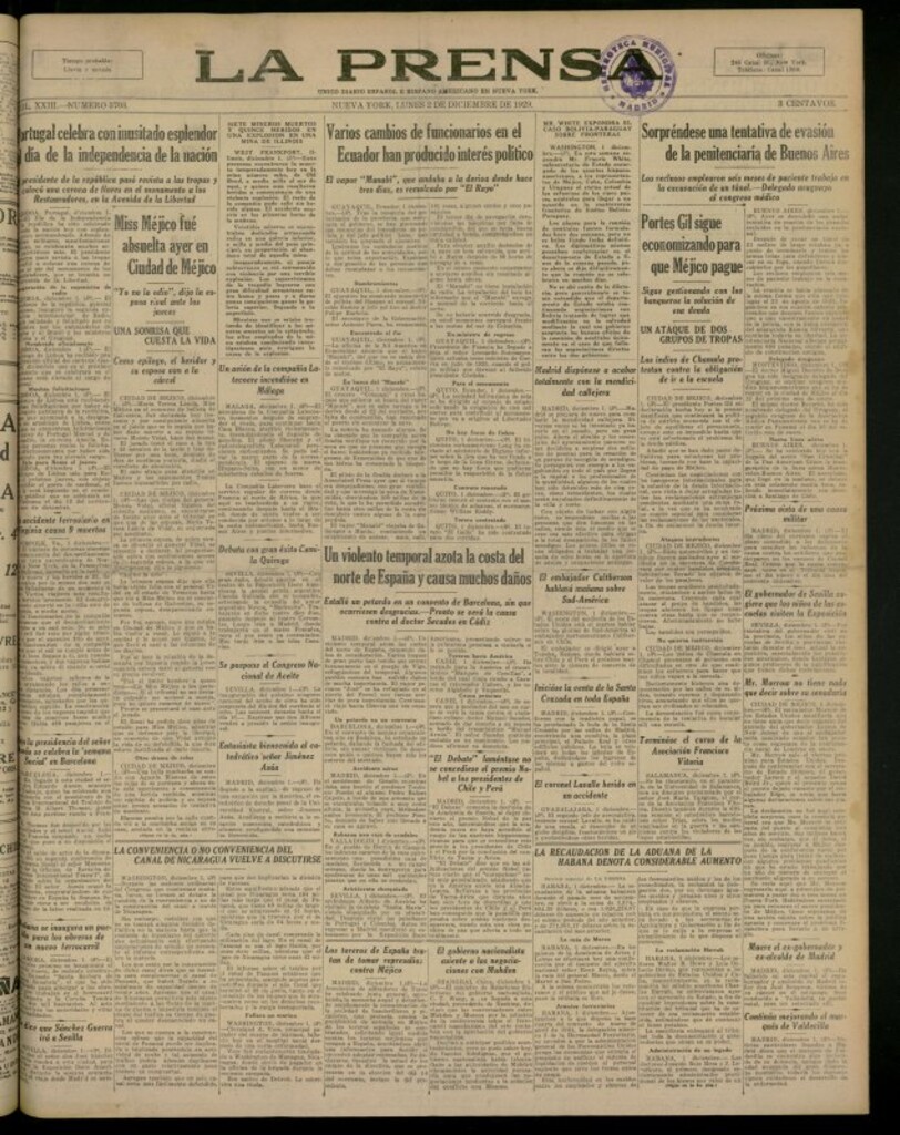 Miniatura de La Prensa: único diario español e hispano americano en Nueva York del 2 de diciembre de 1929, nº 3708
