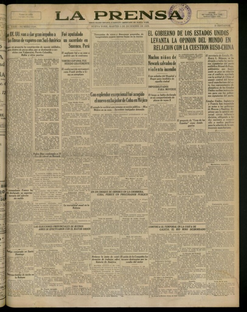 Miniatura de La Prensa: único diario español e hispano americano en Nueva York del 3 de diciembre de 1929, nº 3709