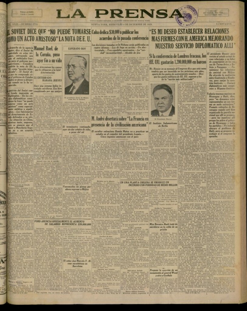 Miniatura de La Prensa: único diario español e hispano americano en Nueva York del 4 de diciembre de 1929, nº 3710