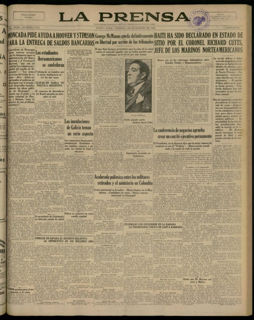 Miniatura de La Prensa: único diario español e hispano americano en Nueva York del 6 de diciembre de 1929, nº 3712