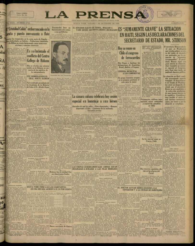 Miniatura de La Prensa: único diario español e hispano americano en Nueva York del 7 de diciembre de 1929, nº 3713