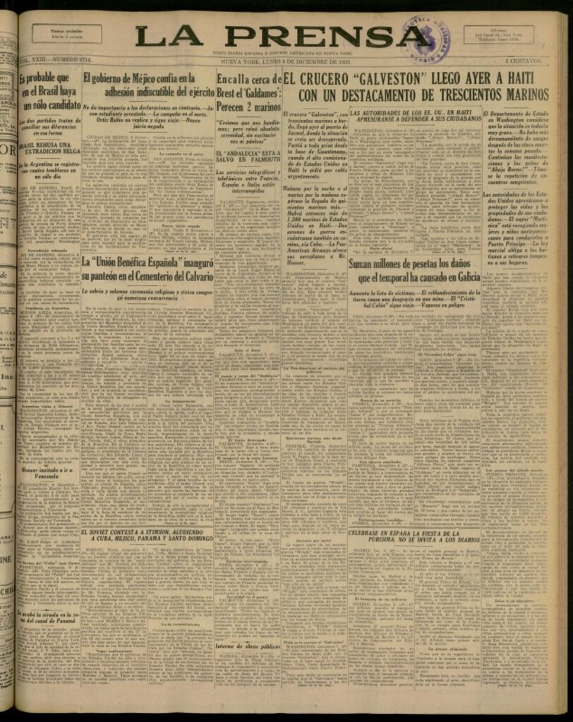 Miniatura de La Prensa: único diario español e hispano americano en Nueva York del 9 de diciembre de 1929, nº 3714