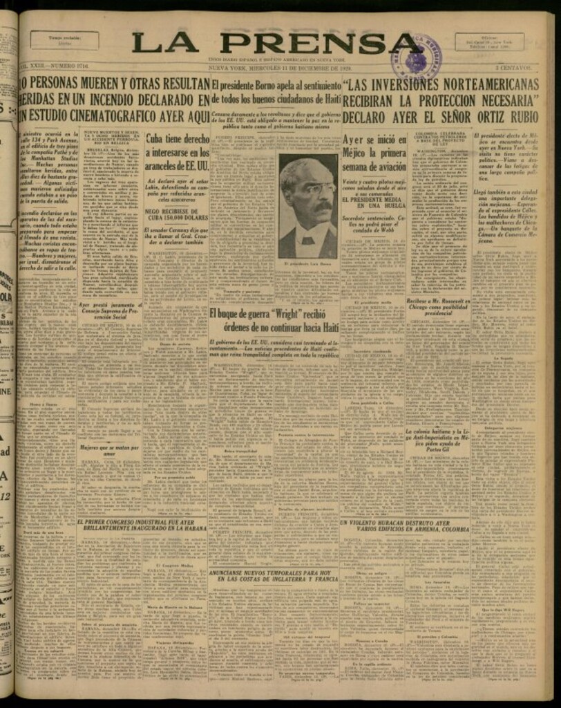 Miniatura de La Prensa: único diario español e hispano americano en Nueva York del 11 de diciembre de 1929, nº 3716