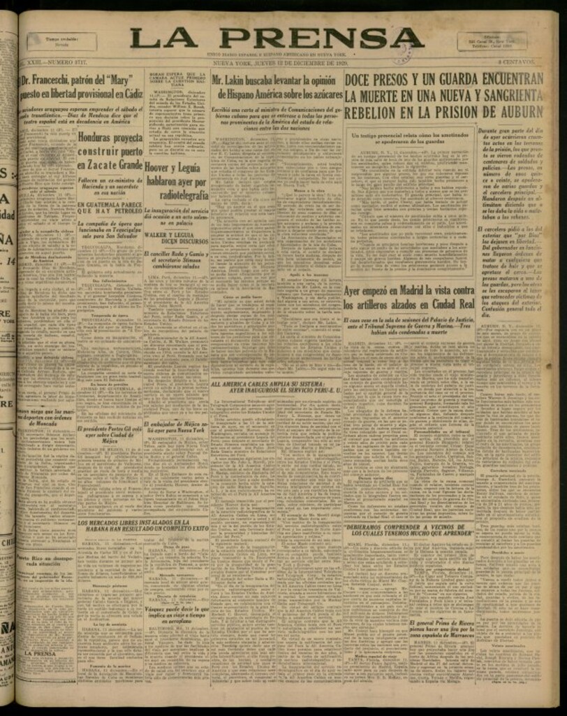 Miniatura de La Prensa: único diario español e hispano americano en Nueva York del 12 de diciembre de 1929, nº 3717