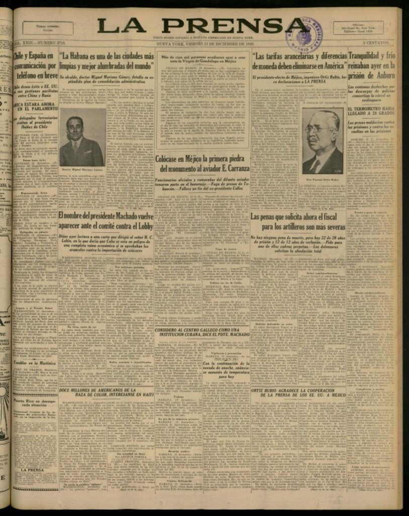 Miniatura de La Prensa: único diario español e hispano americano en Nueva York del 13 de diciembre de 1929, nº 3718