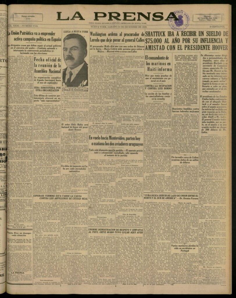 Miniatura de La Prensa: único diario español e hispano americano en Nueva York del 14 de diciembre de 1929, nº 3719