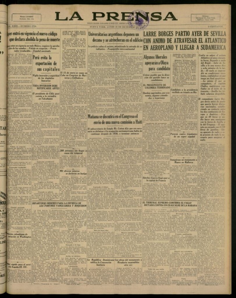 Miniatura de La Prensa: único diario español e hispano americano en Nueva York del 16 de diciembre de 1929, nº 3720