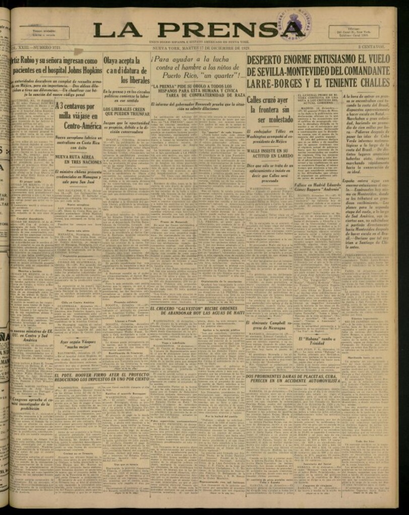 Miniatura de La Prensa: único diario español e hispano americano en Nueva York del 17 de diciembre de 1929, nº 3721