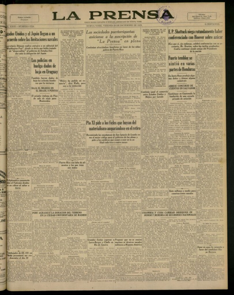 Miniatura de La Prensa: único diario español e hispano americano en Nueva York del 20 de diciembre de 1929, nº 3724