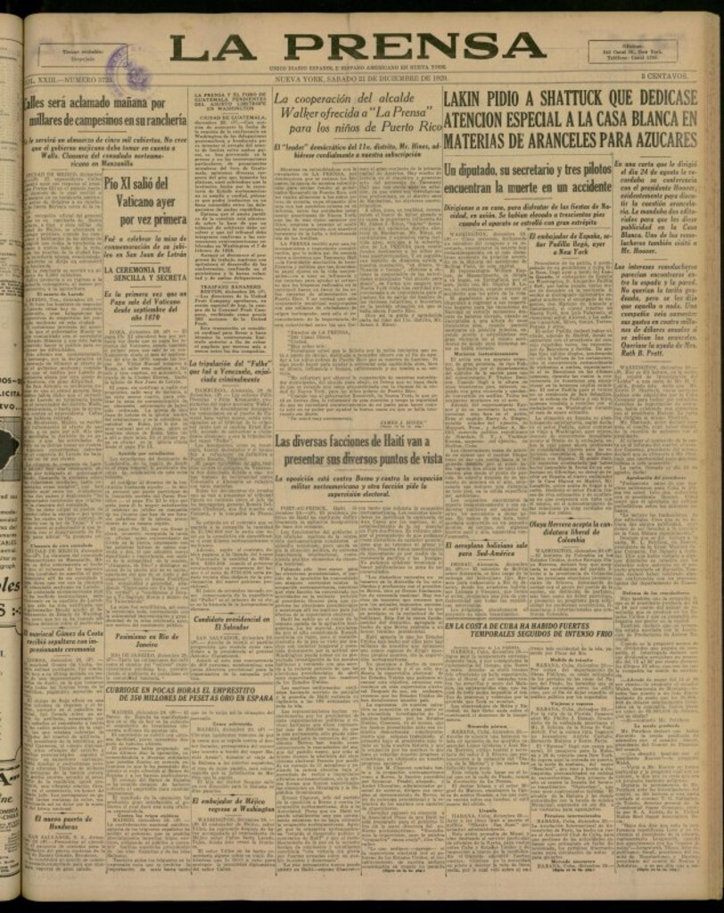 Miniatura de La Prensa: único diario español e hispano americano en Nueva York del 21 de diciembre de 1929, nº 3725