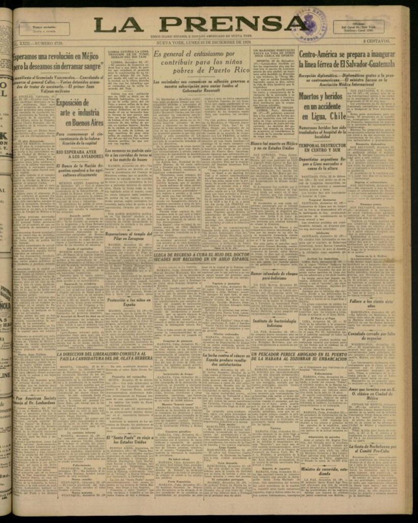 Miniatura de La Prensa: único diario español e hispano americano en Nueva York del 23 de diciembre de 1929, nº 3726