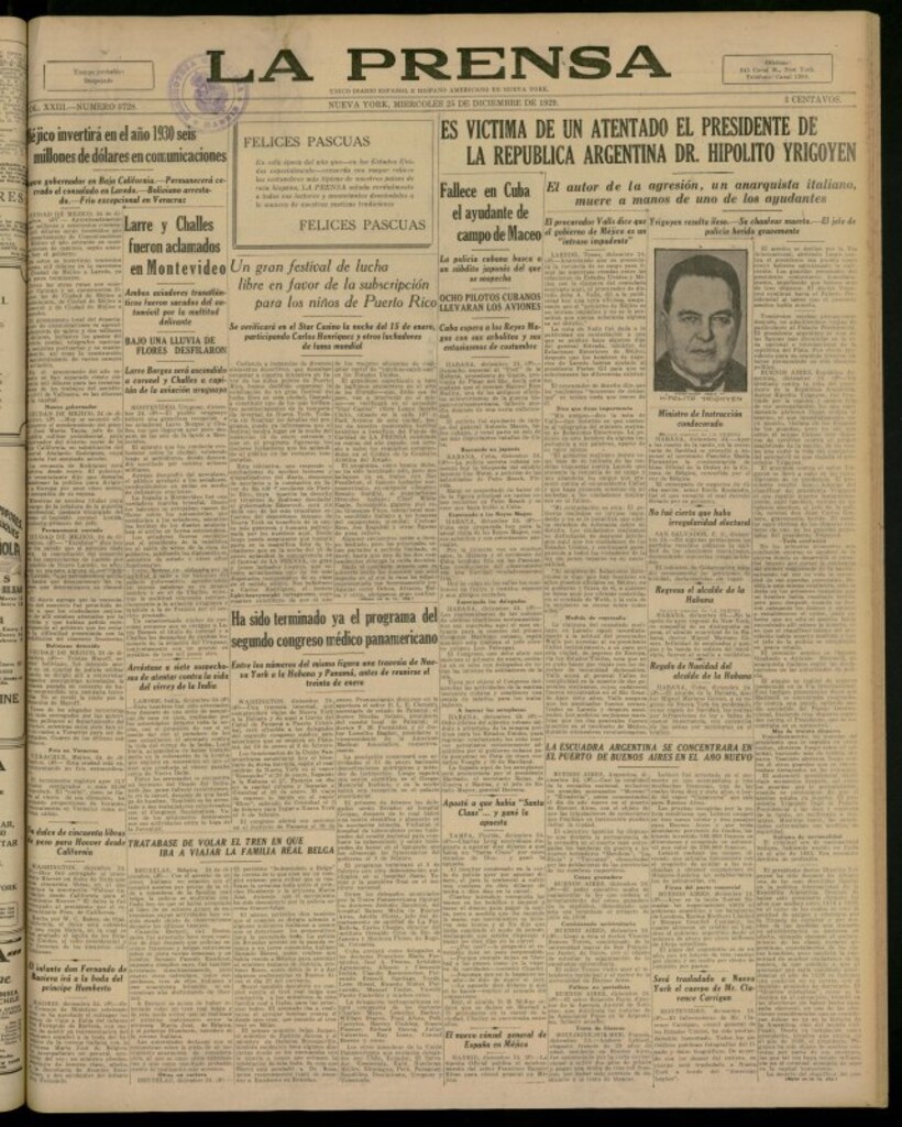 Miniatura de La Prensa: único diario español e hispano americano en Nueva York del 25 de diciembre de 1929, nº 3728