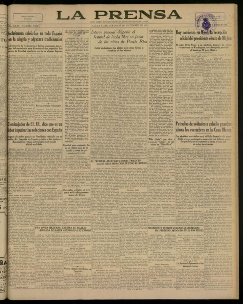 Miniatura de La Prensa: único diario español e hispano americano en Nueva York del 26 de diciembre de 1929, nº 3729