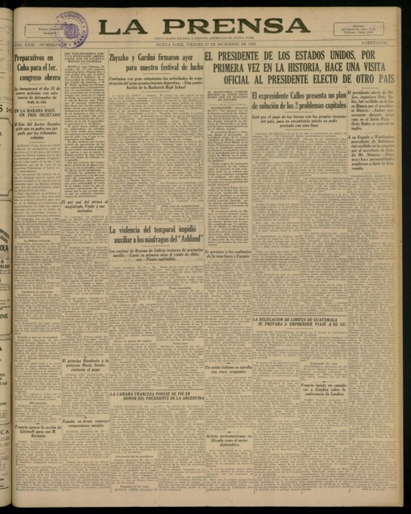 Miniatura de La Prensa: único diario español e hispano americano en Nueva York del 27 de diciembre de 1929, nº 3730