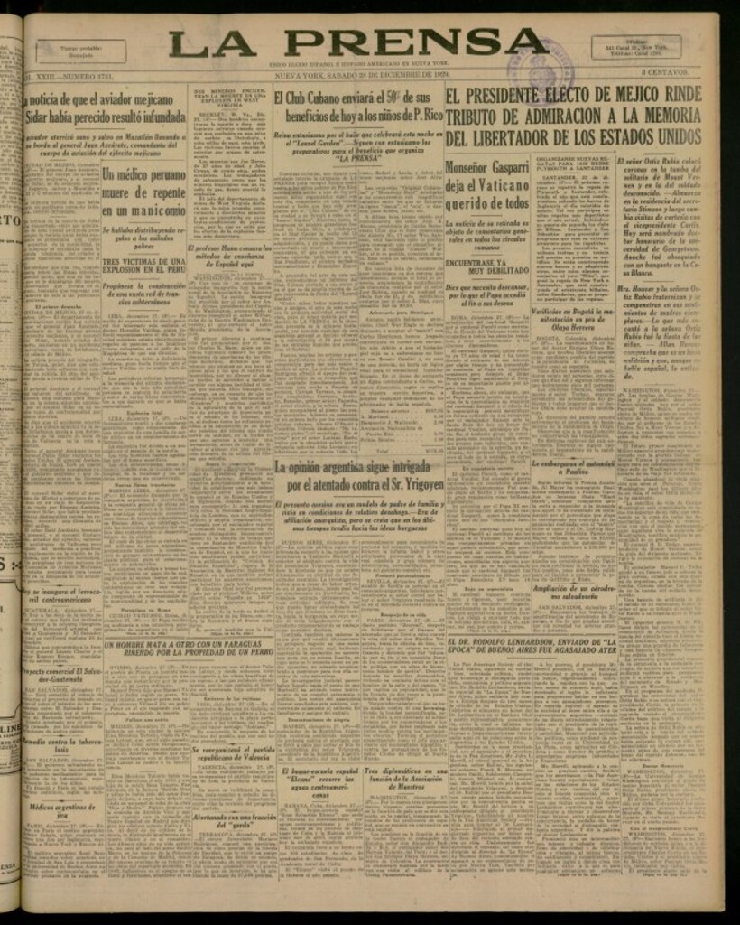 Miniatura de La Prensa: único diario español e hispano americano en Nueva York del 28 de diciembre de 1929, nº 3731