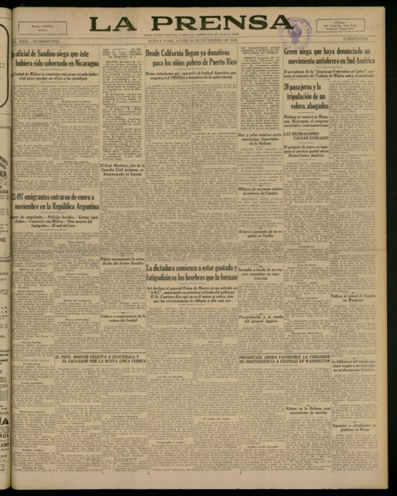 Miniatura de La Prensa: único diario español e hispano americano en Nueva York del 30 de diciembre de 1929, nº 3732