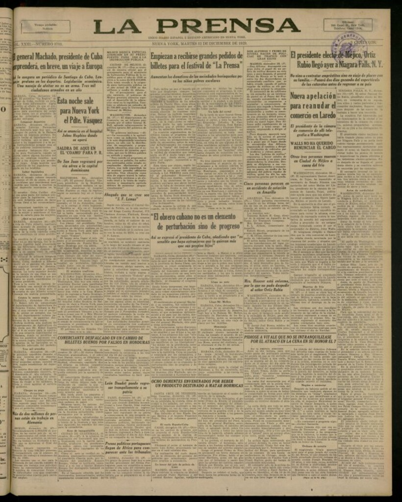 Miniatura de La Prensa: único diario español e hispano americano en Nueva York del 31 de diciembre de 1929, nº 3733