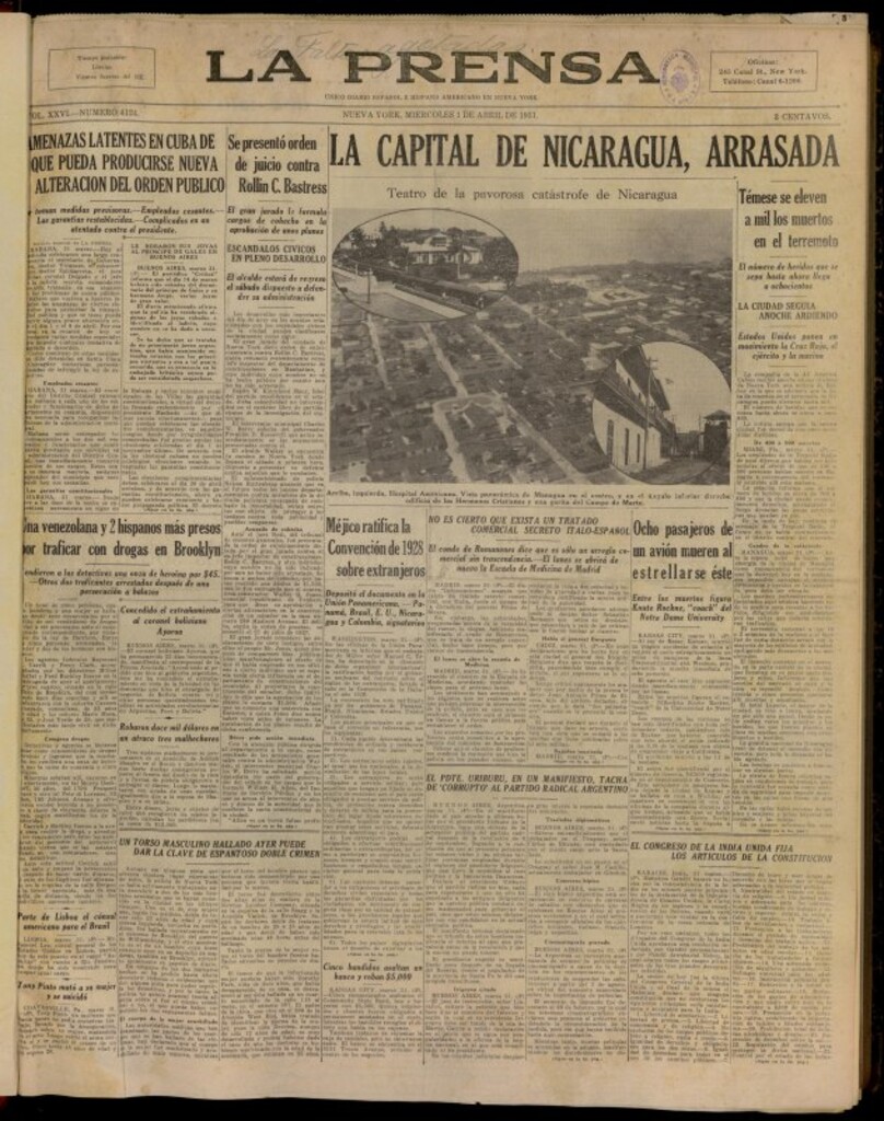 Miniatura de La Prensa: único diario español e hispano americano en Nueva York del 1 de abril de 1931, nº 4124