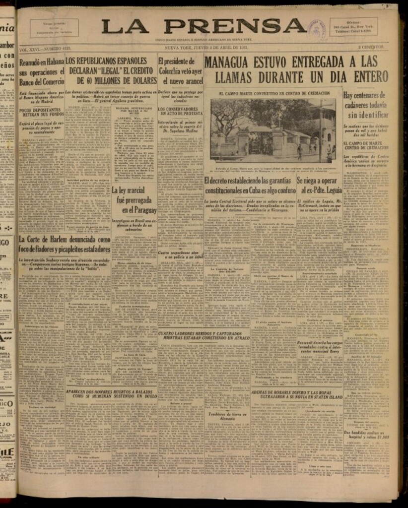 Miniatura de La Prensa: único diario español e hispano americano en Nueva York del 2 de abril de 1931, nº 4125