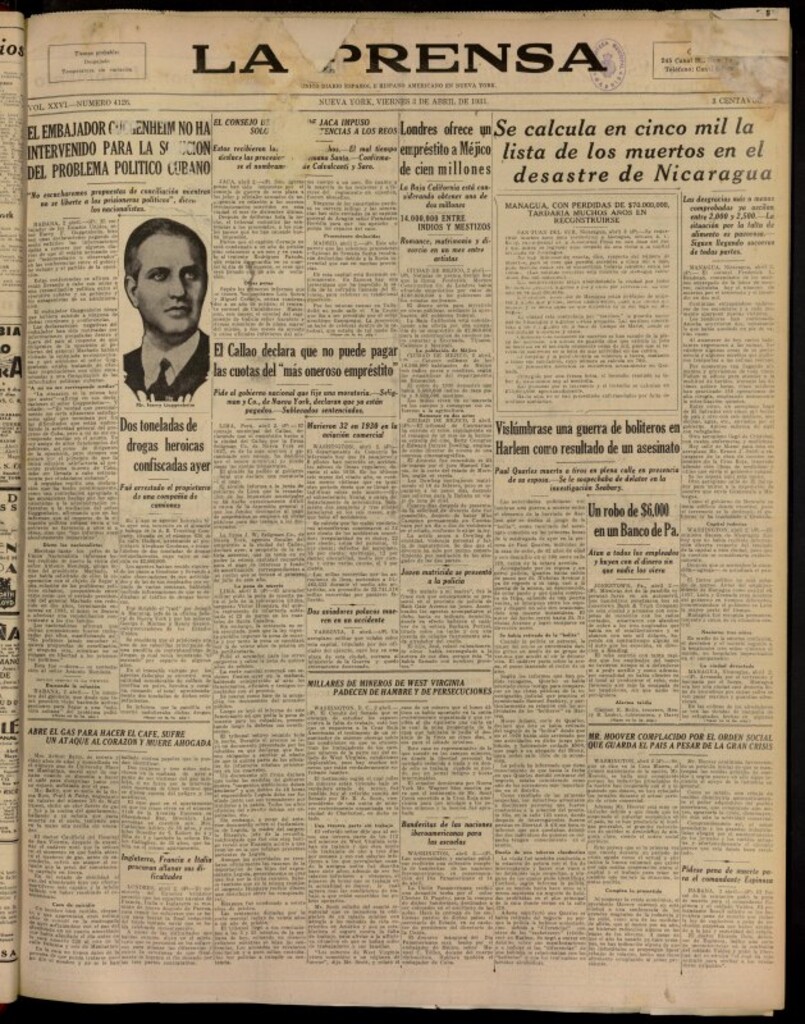 Miniatura de La Prensa: único diario español e hispano americano en Nueva York del 3 de abril de 1931, nº 4126