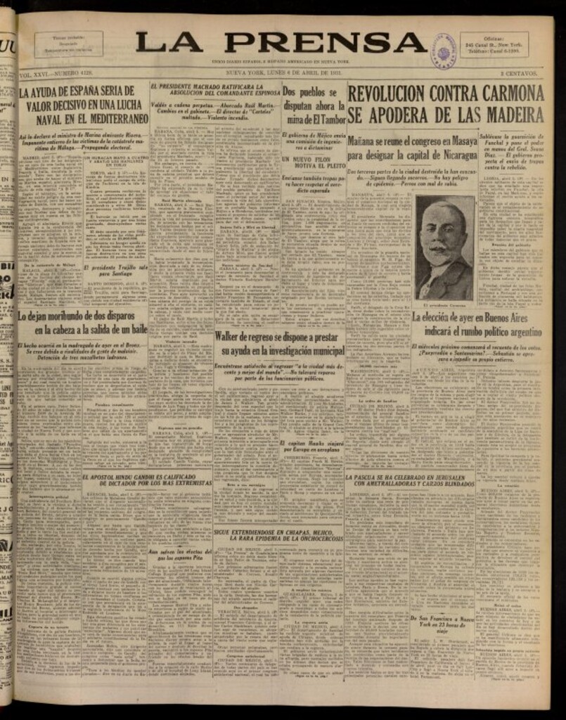 Miniatura de La Prensa: único diario español e hispano americano en Nueva York del 6 de abril de 1931, nº 4128