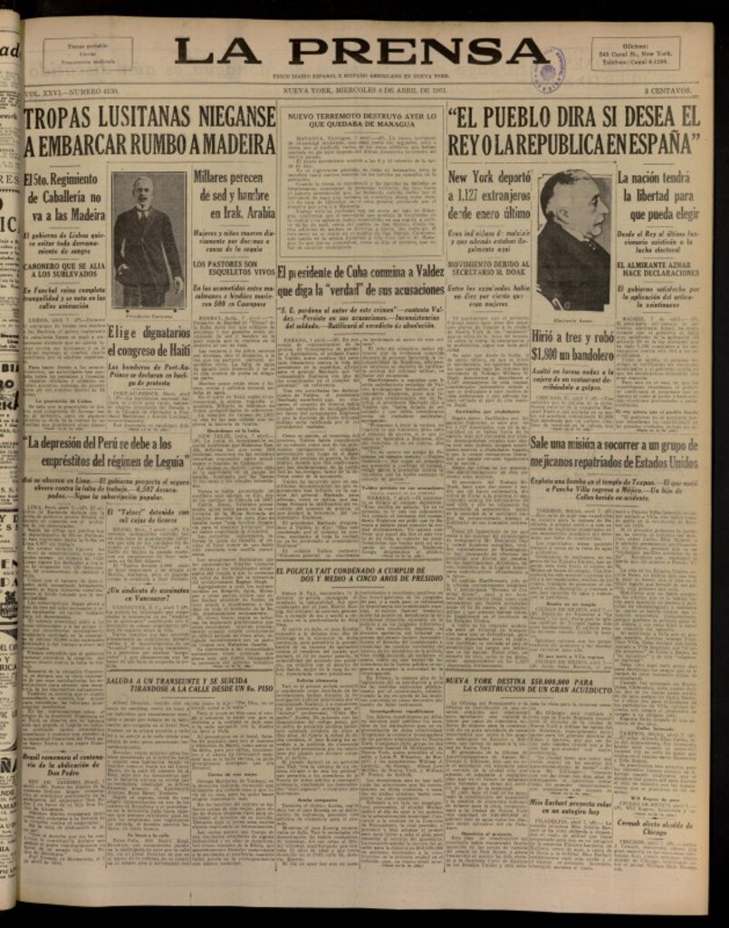 Miniatura de La Prensa: único diario español e hispano americano en Nueva York del 8 de abril de 1931, nº 4130