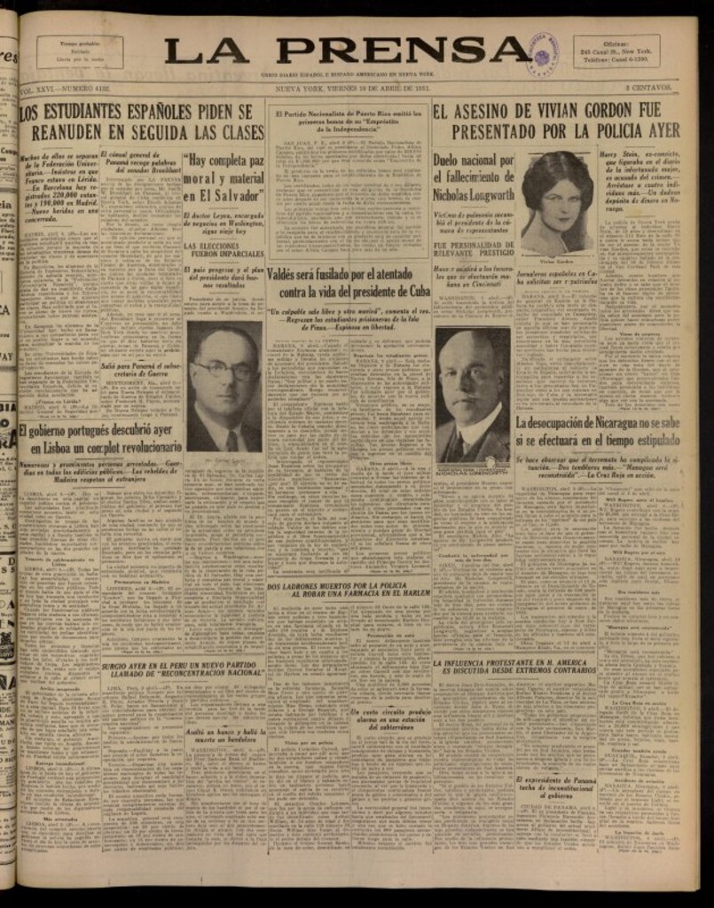 Miniatura de La Prensa: único diario español e hispano americano en Nueva York del 10 de abril de 1931, nº 4132