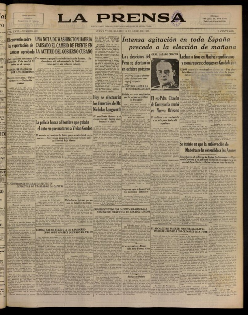 Miniatura de La Prensa: único diario español e hispano americano en Nueva York del 11 de abril de 1931, nº 4133