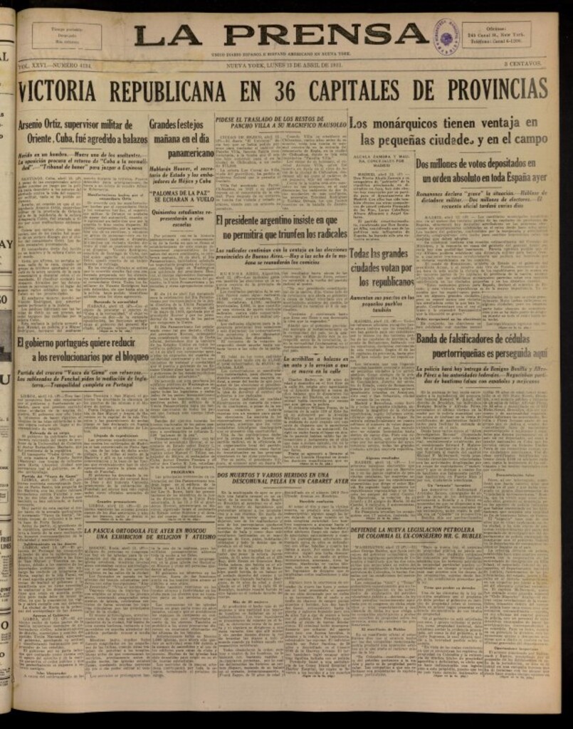 Miniatura de La Prensa: único diario español e hispano americano en Nueva York del 13 de abril de 1931, nº 4134