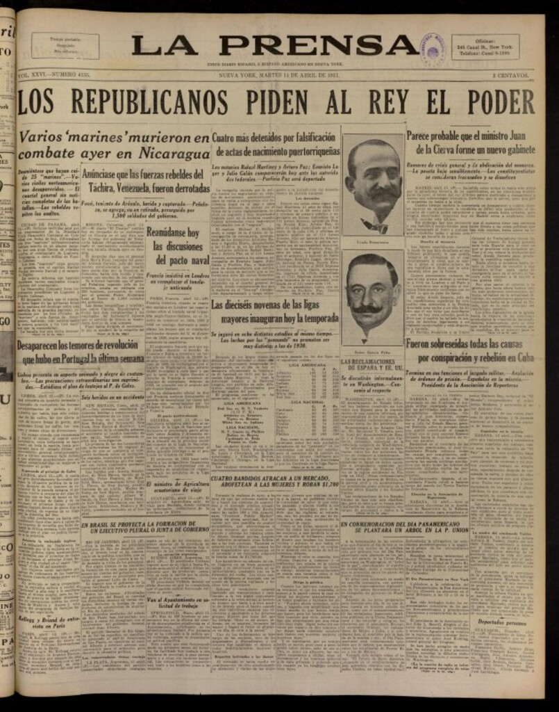 Miniatura de La Prensa: único diario español e hispano americano en Nueva York, del 14 de abril de 1931, nº 4135