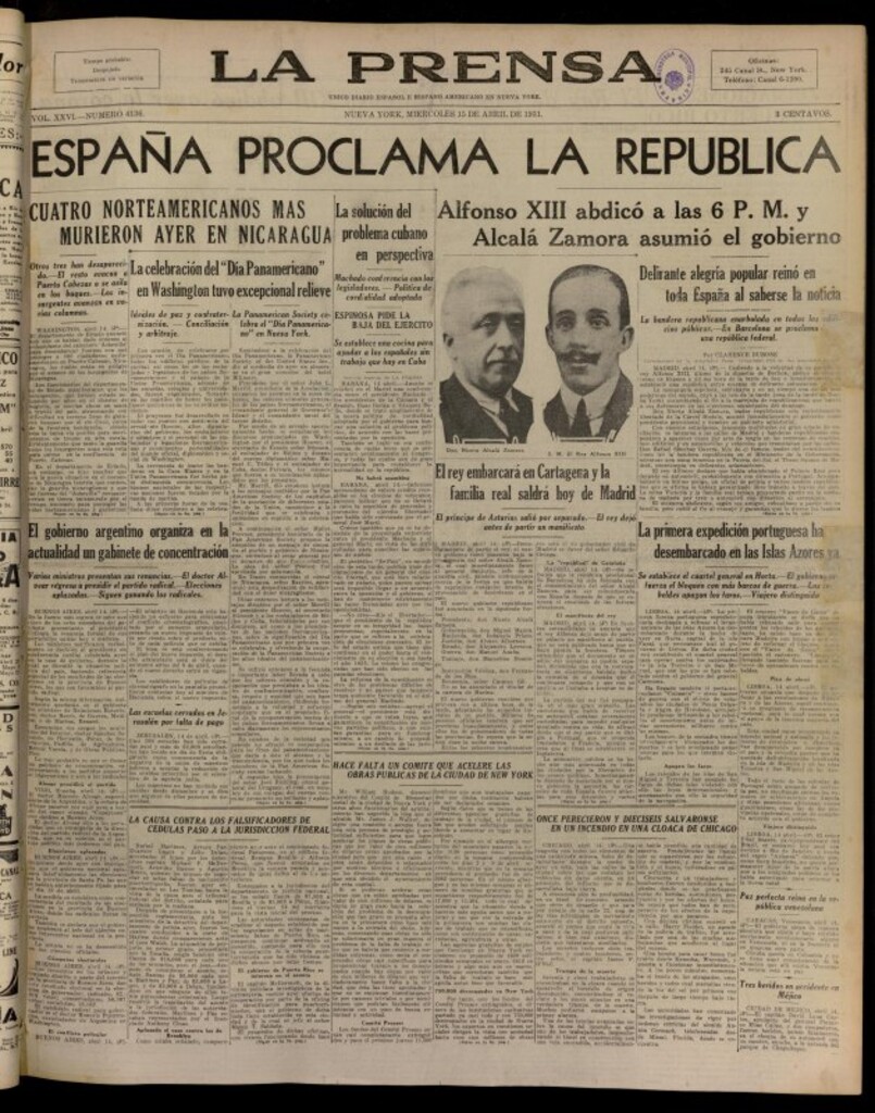 Miniatura de La Prensa: único diario español e hispano americano en Nueva York del 15 de abril de 1931, nº 4136