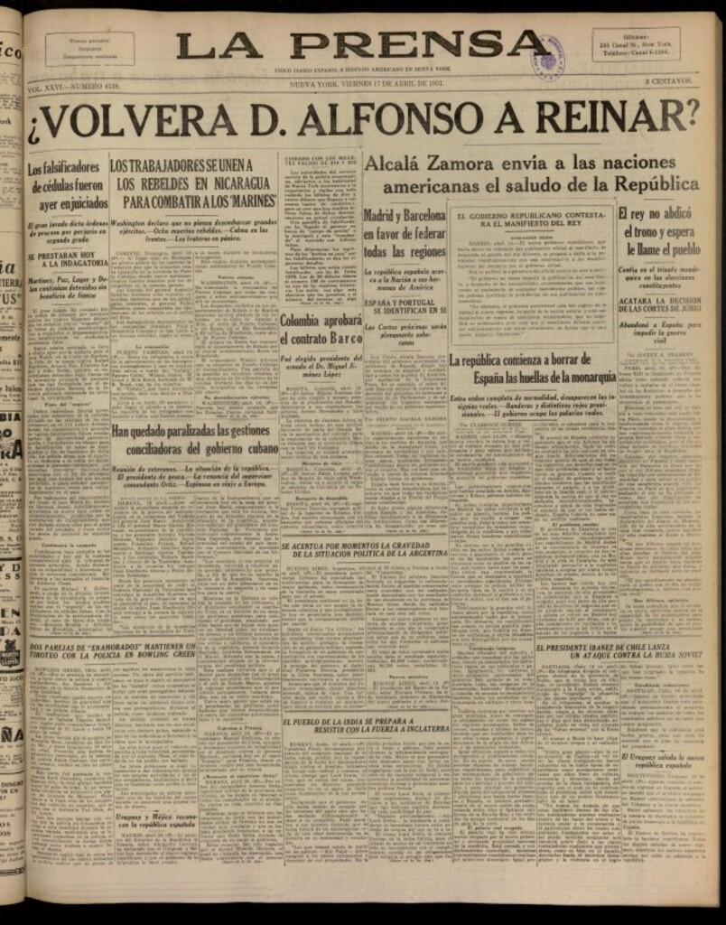 Miniatura de La Prensa: único diario español e hispano americano en Nueva York del 17 de abril de 1931, nº 4138