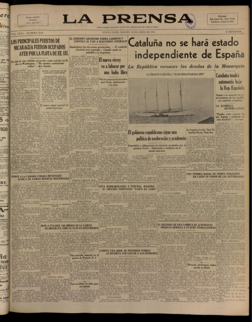 Miniatura de La Prensa: único diario español e hispano americano en Nueva York del 18 de abril de 1931, nº 4139