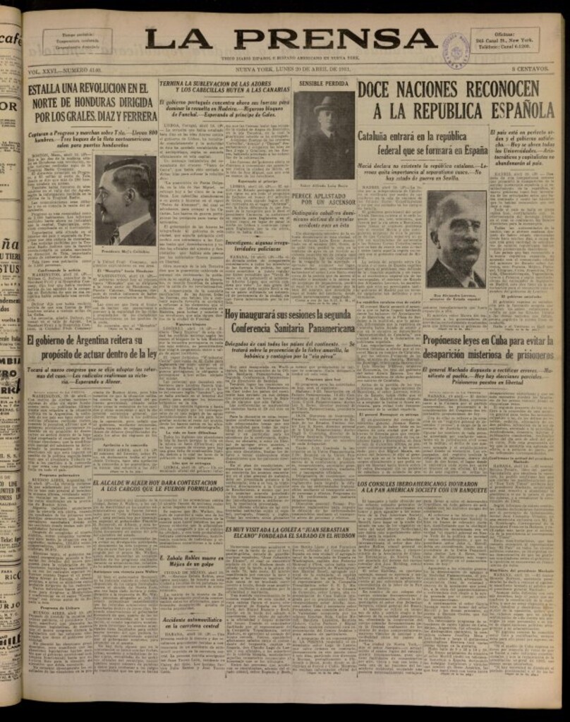 Miniatura de La Prensa: único diario español e hispano americano en Nueva York del 20 de abril de 1931, nº 4140