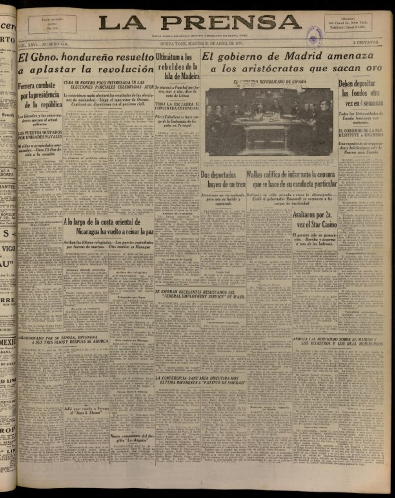Miniatura de La Prensa: único diario español e hispano americano en Nueva York del 21 de abril de 1931, nº 4141