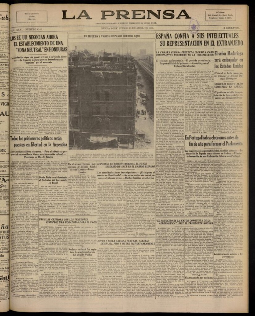 Miniatura de La Prensa: único diario español e hispano americano en Nueva York del 23 de abril de 1931, nº 4143