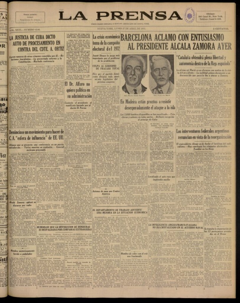 Miniatura de La Prensa: único diario español e hispano americano en Nueva York del 27 de abril de 1931, nº 4146