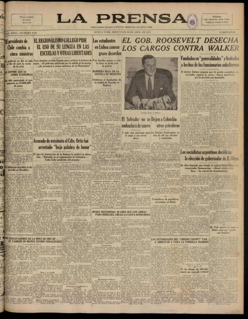 Miniatura de La Prensa: único diario español e hispano americano en Nueva York del 29 de abril de 1931, nº 4148