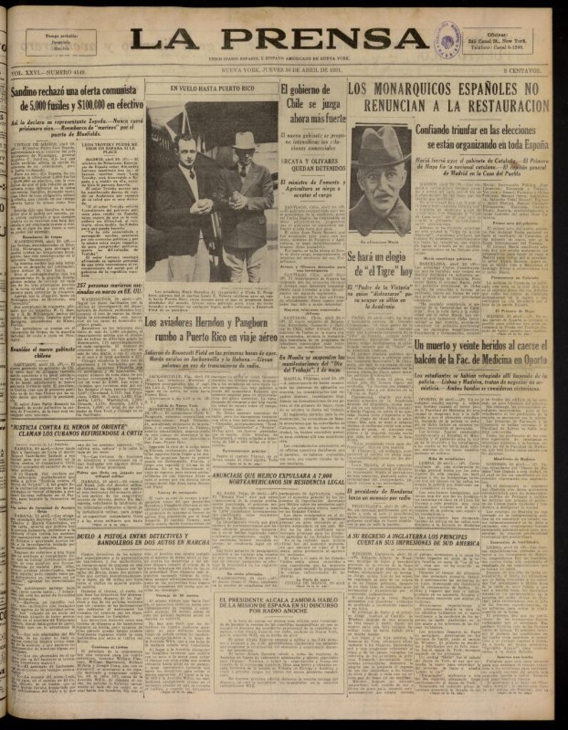 Miniatura de La Prensa: único diario español e hispano americano en Nueva York del 30 de abril de 1931, nº 4149